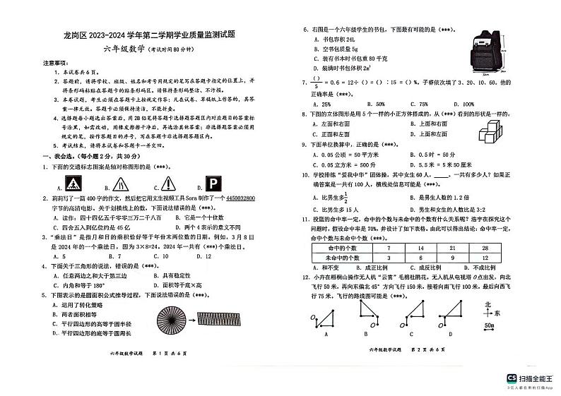 广东省深圳市龙岗区2023-2024学年六年级下学期7月期末数学试题第1页
