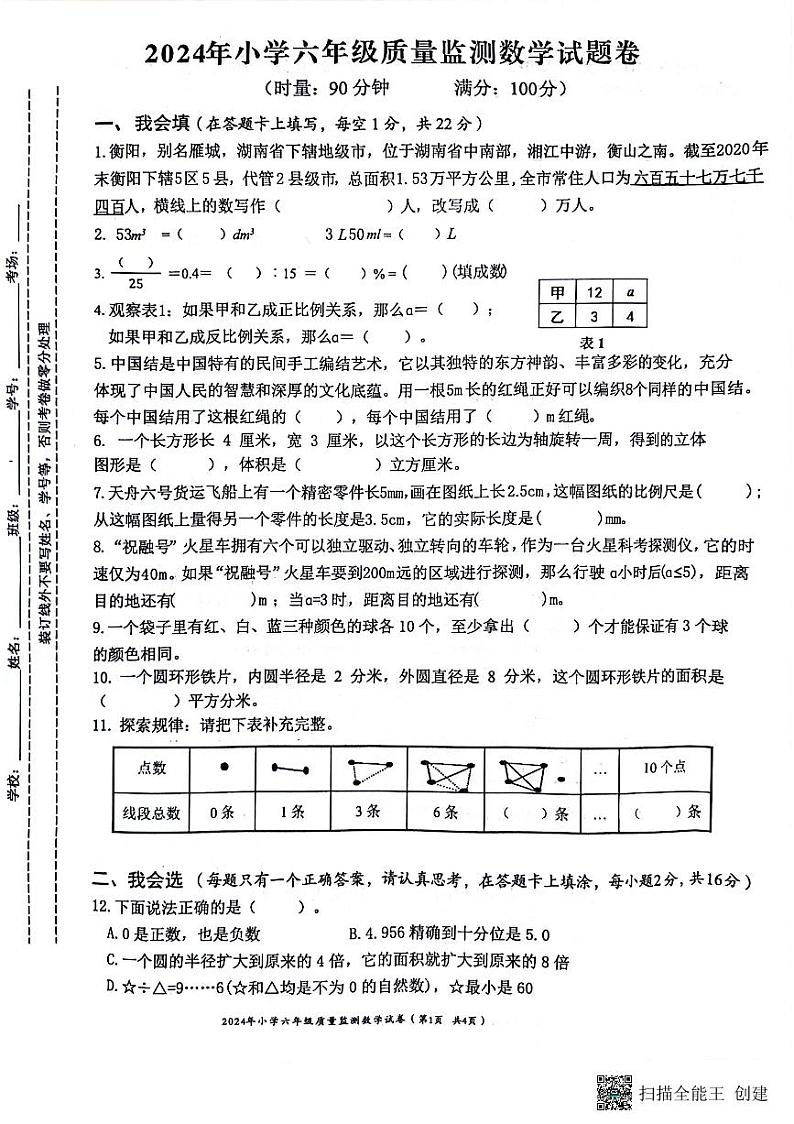 湖南衡阳市常宁市2023-2024学年六年级下学期期末数学试卷第1页