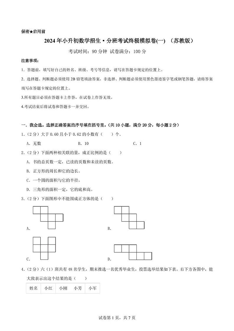 2024年小升初数学招生·分班考试终极模拟卷(一) （苏教版）原卷第1页