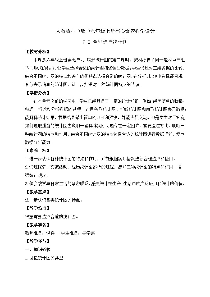 【教-学-评一体化】人教版六年级上册备课包-7.2 合理选择统计图（课件+教案+学案+习题）01