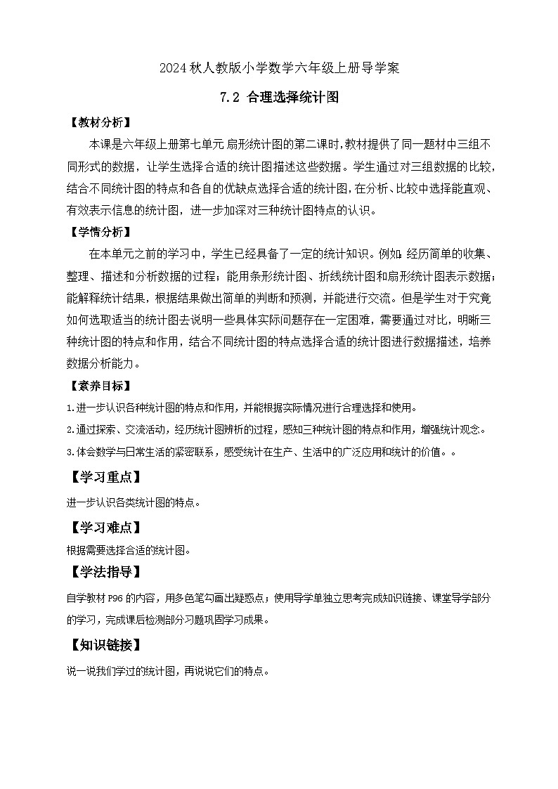 【教-学-评一体化】人教版六年级上册备课包-7.2 合理选择统计图（课件+教案+学案+习题）01