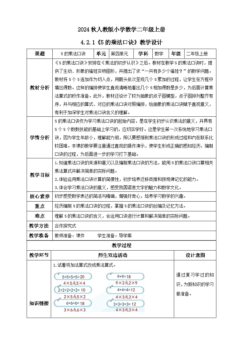 【教-学-评一体化】人教版二年级上册备课包-4.2.15的乘法口诀（课件+教案+学案+习题）01