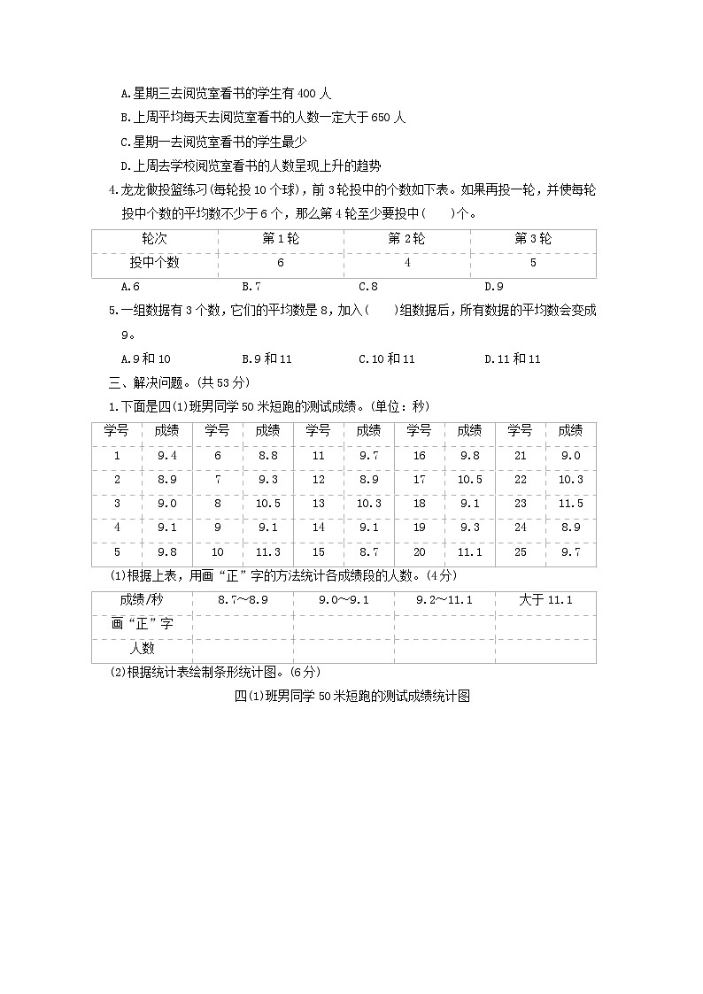 2024四年级数学下册第六单元数据的表示和分析综合素质达标试卷（附答案北师大版）第3页