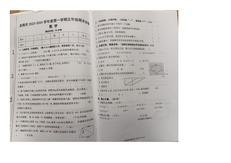 江西省赣州市龙南市2023-2024学年五年级上学期期末数学试卷第1页