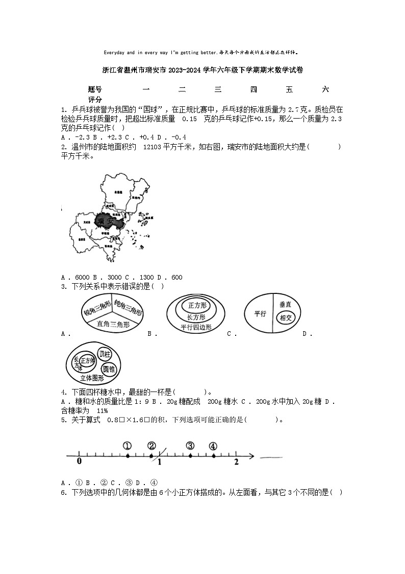 [数学][期末]浙江省温州市瑞安市2023-2024学年六年级下学期期末数学试卷第1页