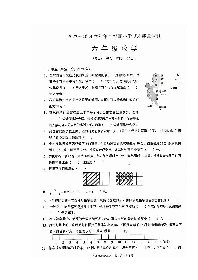 2023-2024学年度梅州市六年级下学期数学期末质检第1页