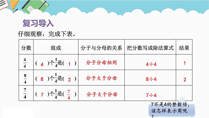 2024五年级数学下册第4单元分数的意义和性质第5课时把假分数化成整数或带分数课件（人教版）第3页