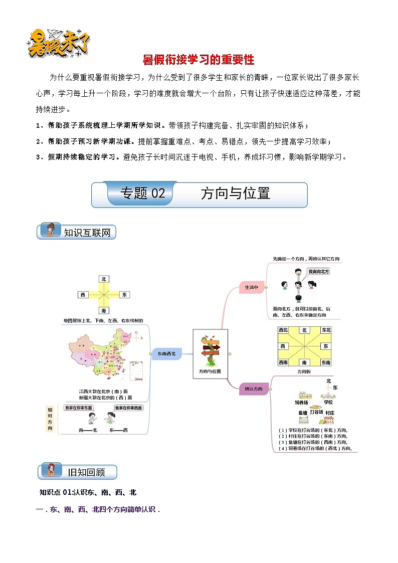 （温故知新）专题02 方向与位置-最新二升三数学暑假衔接培优讲义（导图+知识点+易错点+真题卷）北师大版01