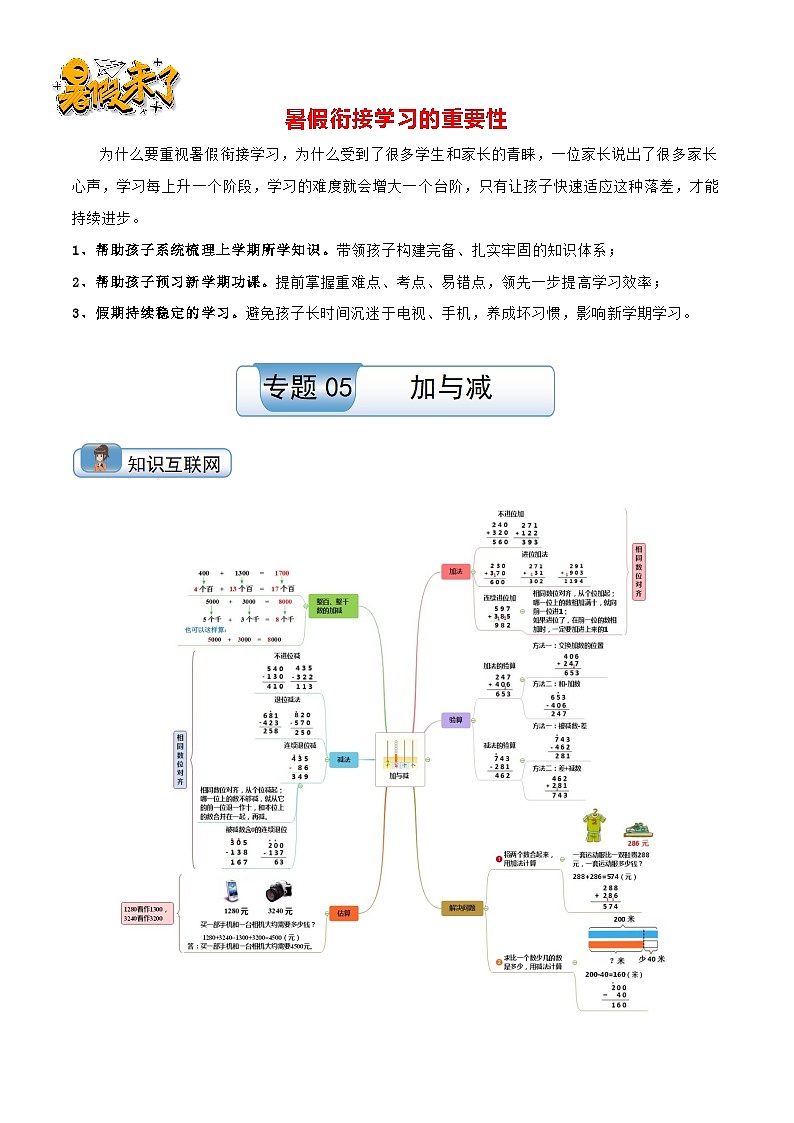 （温故知新）专题05 加与减-最新二升三数学暑假衔接培优讲义（导图+知识点+易错点+真题卷）北师大版01