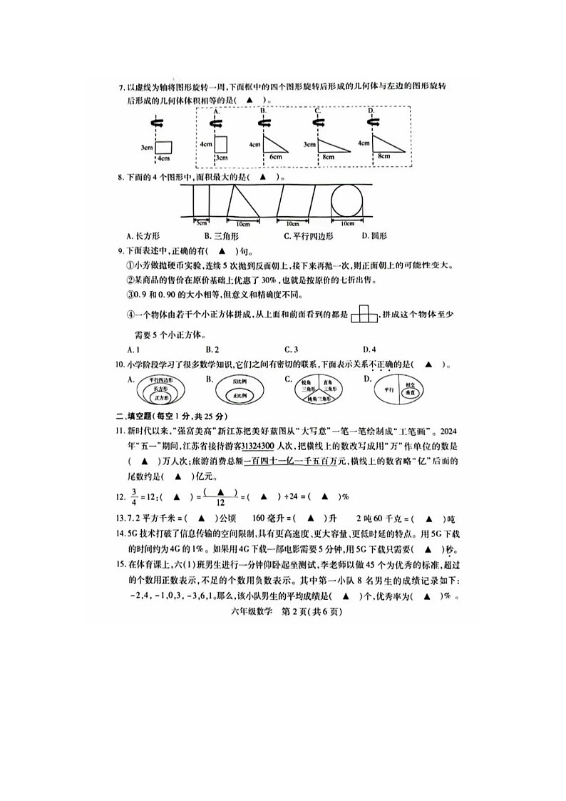 江苏省苏州市张家港市2023-2024学年六年级下学期期末数学试题第2页
