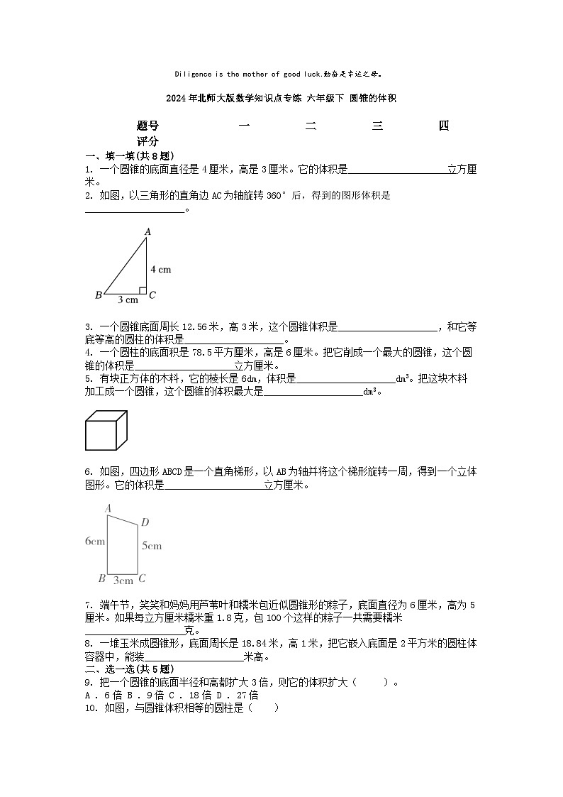 小升初数学知识训练之图形复习练：圆锥的体积01