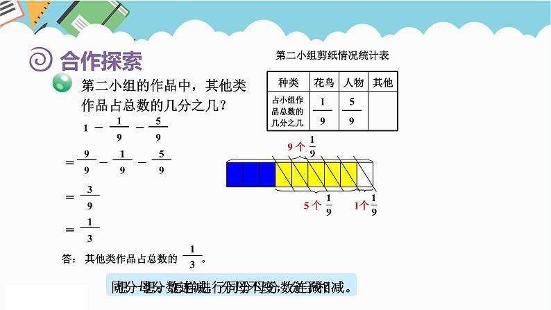 2024五年级数学下册第3单元剪纸中的数学__分数加减法一第3课时同分母分数连加连减课件（青岛版六三制）第7页