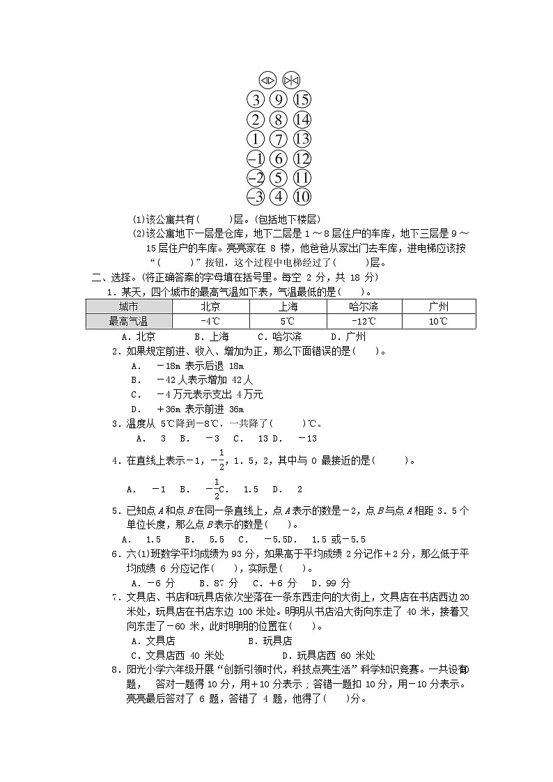 2024六年级数学下册第1单元生活中的负数综合素质达标试卷（附答案冀教版）第2页