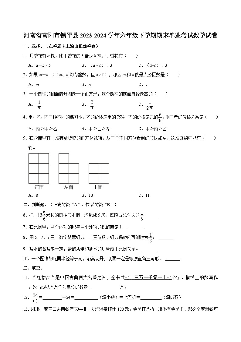 河南省南阳市镇平县2023-2024学年六年级下学期期末毕业考试数学试卷（含答案）第1页