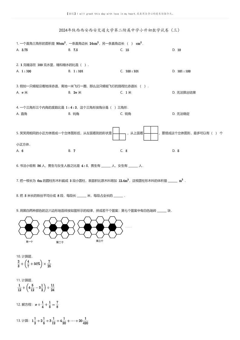[数学]2024年陕西西安西安交通大学第二附属中学小升初数学试卷(三)原题版第1页