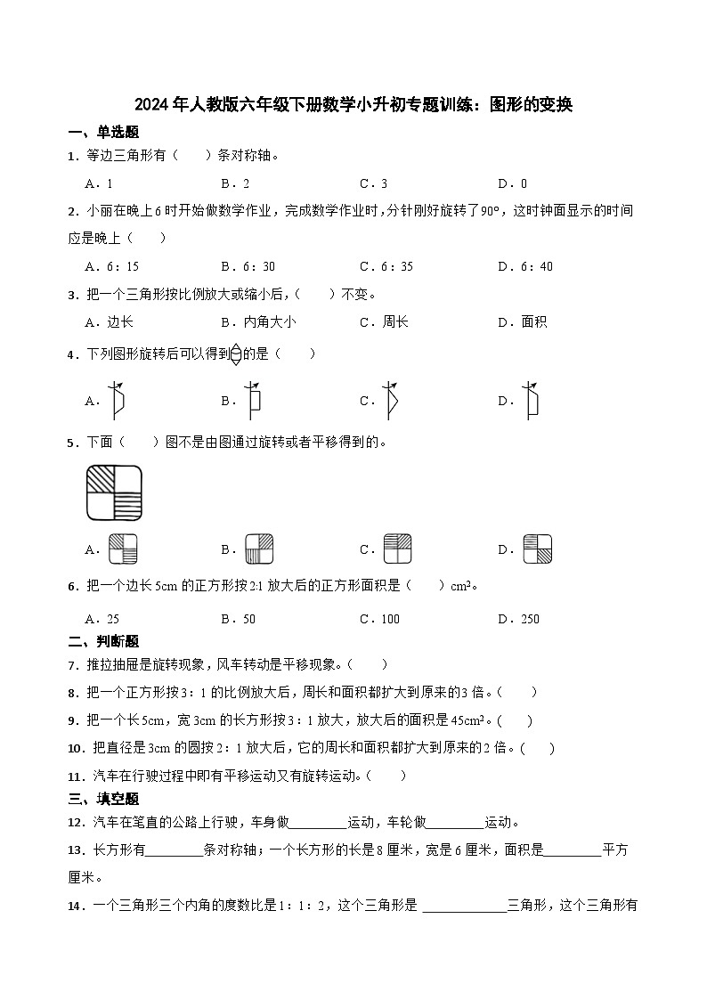 人教版六年级下册数学小升初专题训练：图形的变换（含答案）第1页