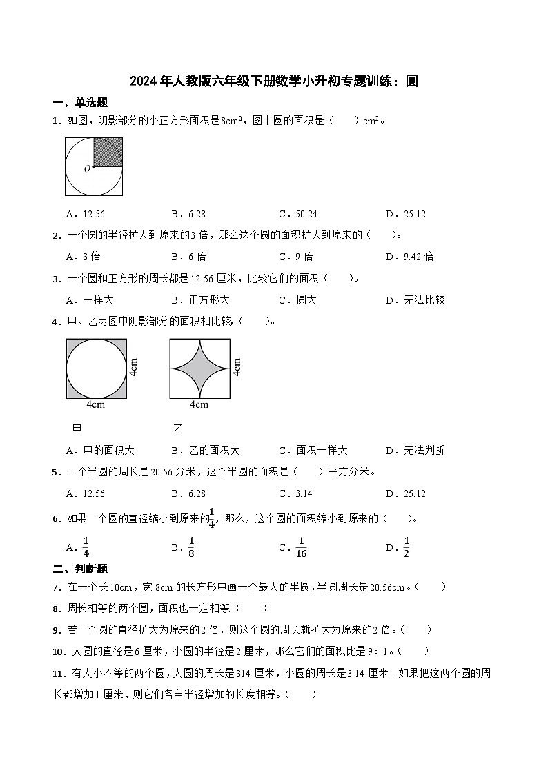 人教版六年级下册数学小升初专题训练：圆（含答案）第1页