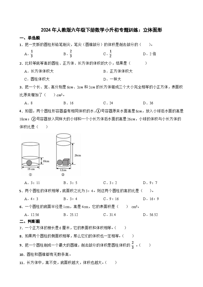 人教版六年级下册数学小升初专题训练：立体图形（含答案）01