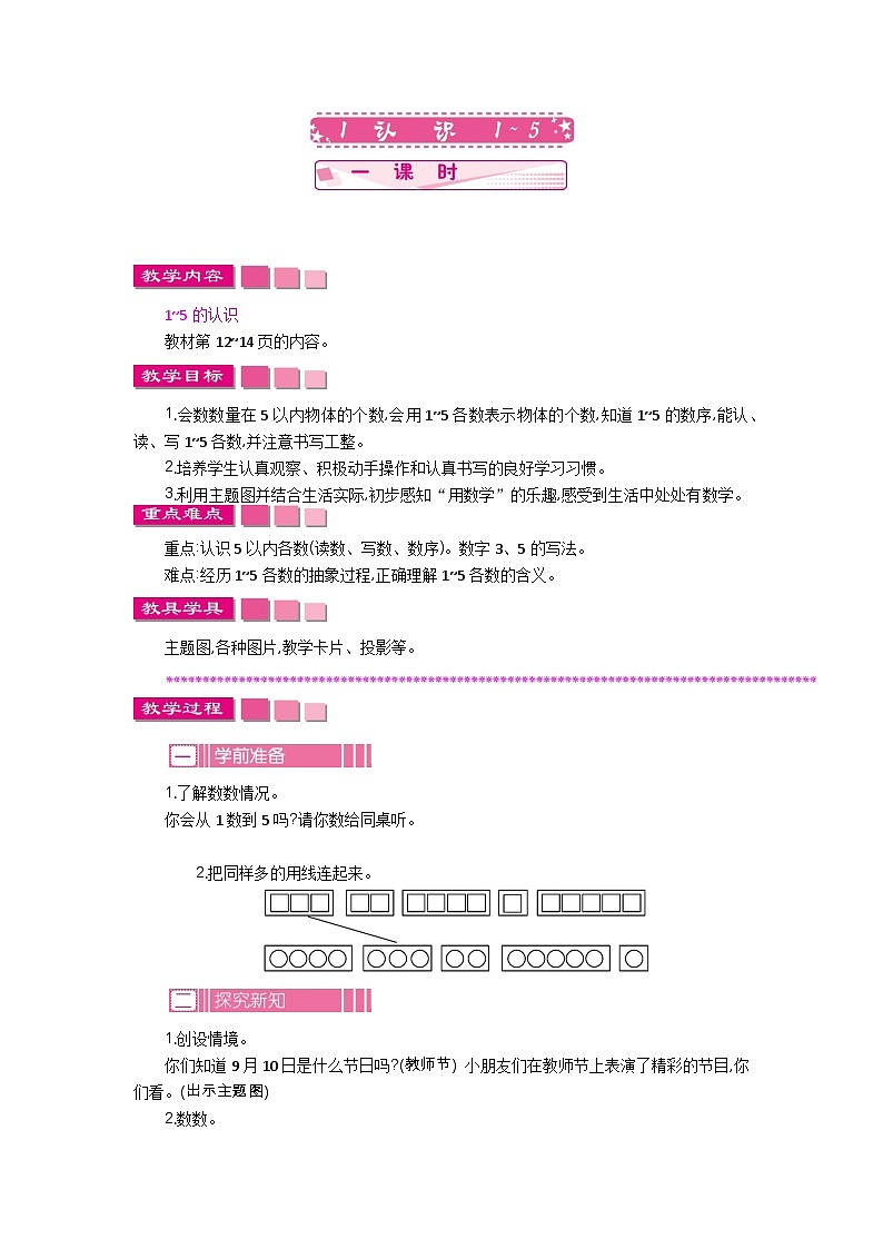 苏教版数学一年级上册 1.1 认识1-5 课件+教案+学案+习题01