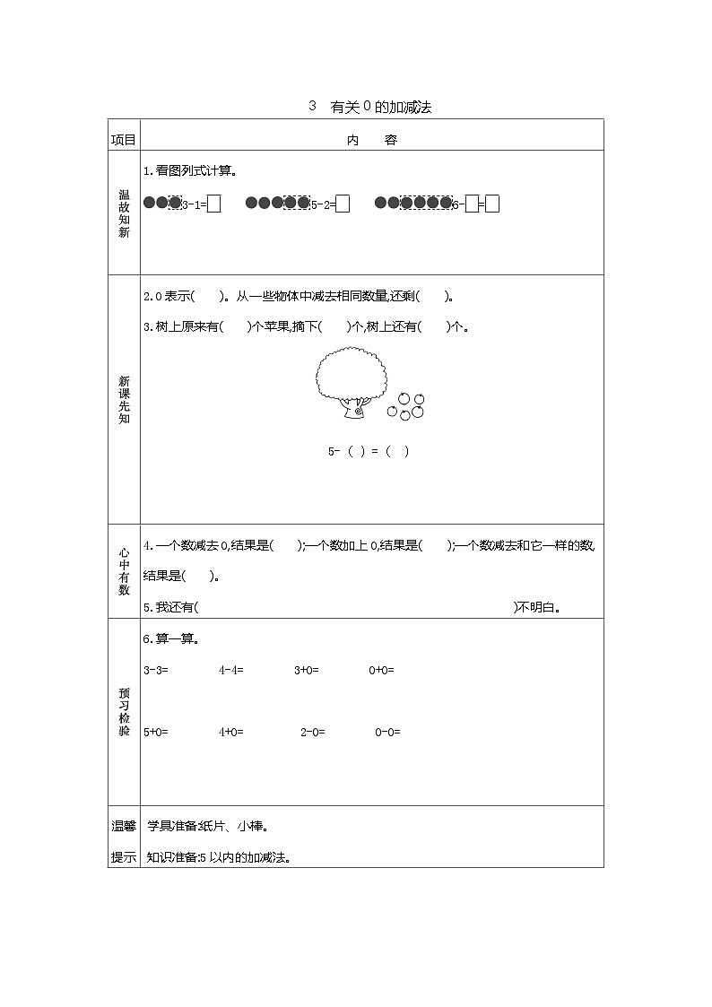 苏教版数学一年级上册 1.8 有关0的加减法 课件+教案+学案+习题01
