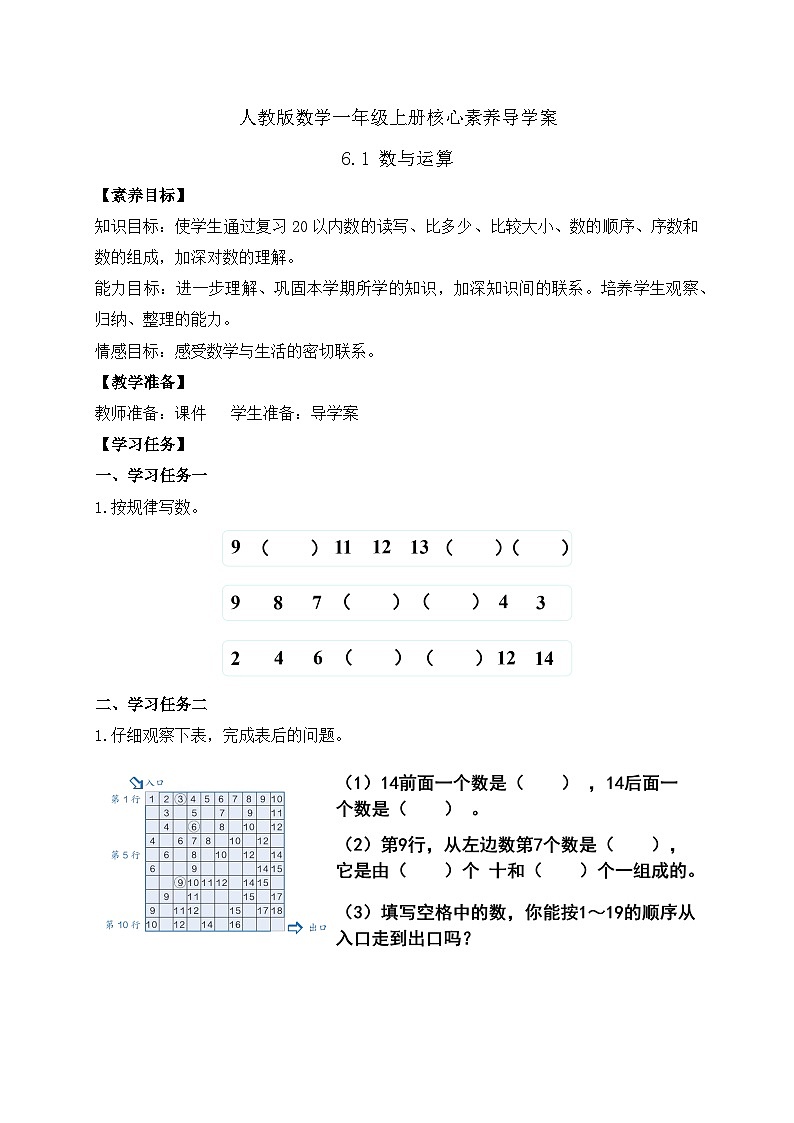 【核心素养】人教版数学一年级上册-6.1 数与运算（一）（课件+教案+学案+作业）01