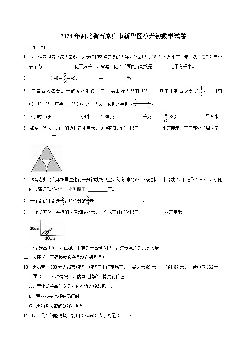 2024年河北省石家庄市新华区小升初数学试卷第1页