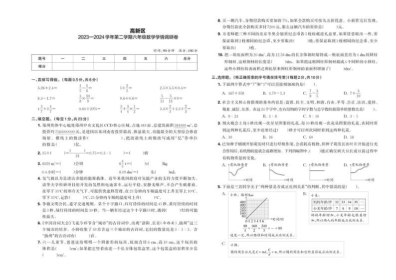 河南省郑州市高新区2023—2024学年第二学期六年级数学学情调研卷第1页