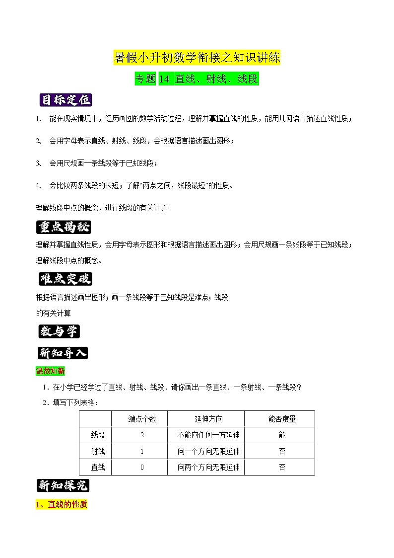 专题14《直线、射线、线段》知识讲练-暑假小升初数学衔接（人教版）（原卷版）01