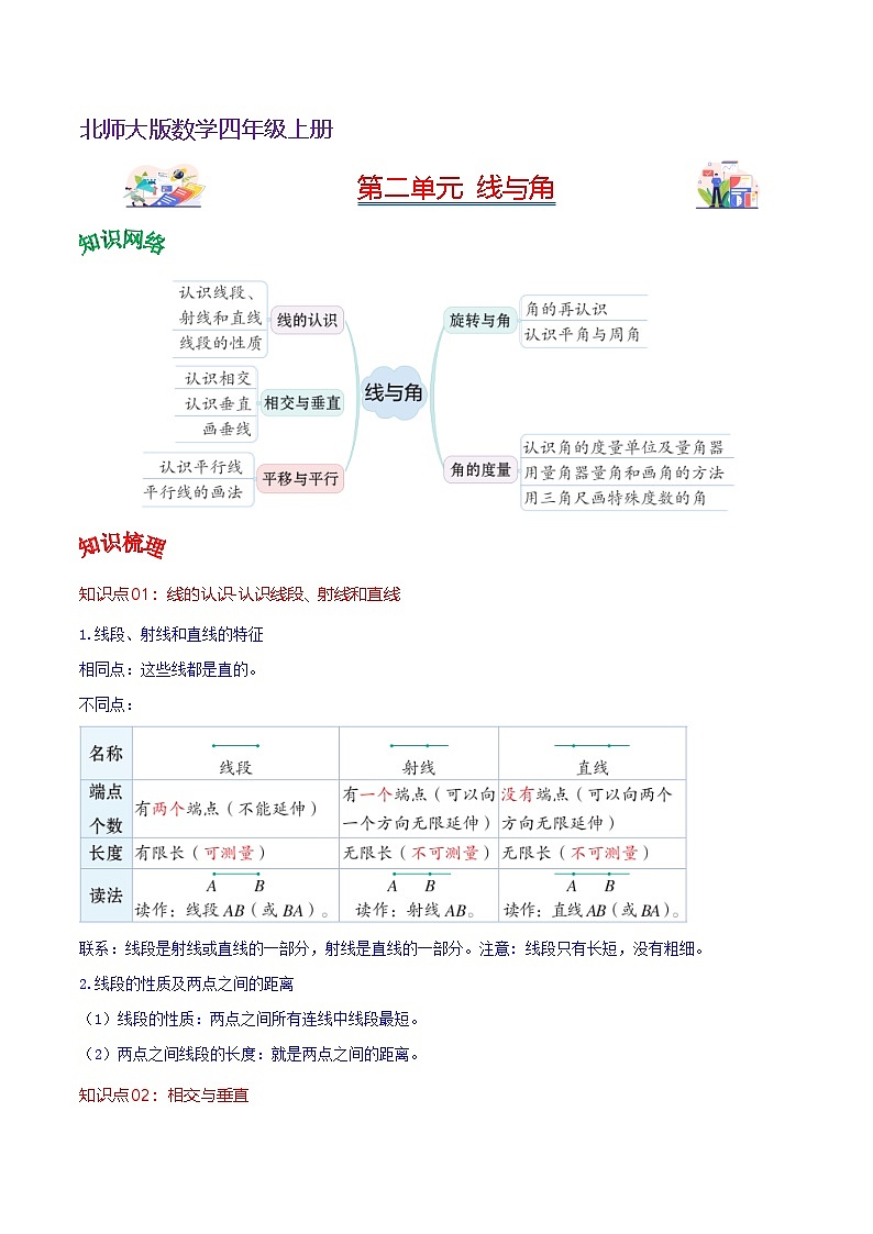北师大数学四年级上册 第2单元《线与角》单元热点难点讲义（教师版+学生版）01