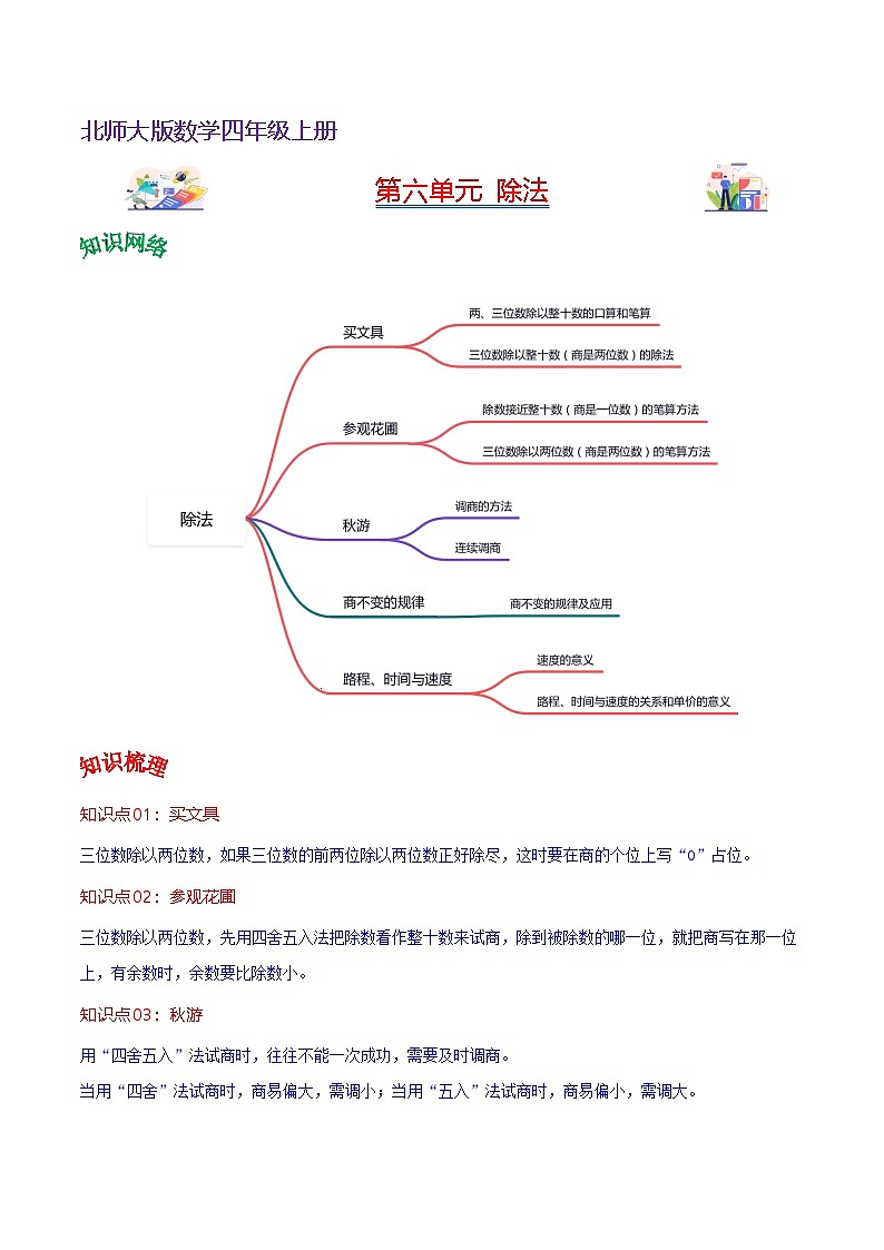 北师大数学四年级上册  第六单元《除法》单元热点难点讲义（学生版）第1页