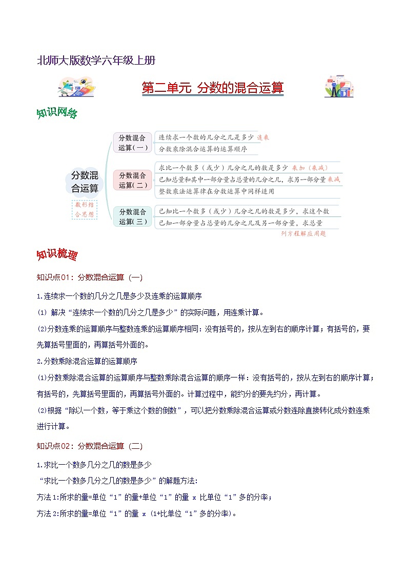 北师大数学六年级上册 第2单元《分数的混合运算》单元热点难点讲义（教师版+学生版）01