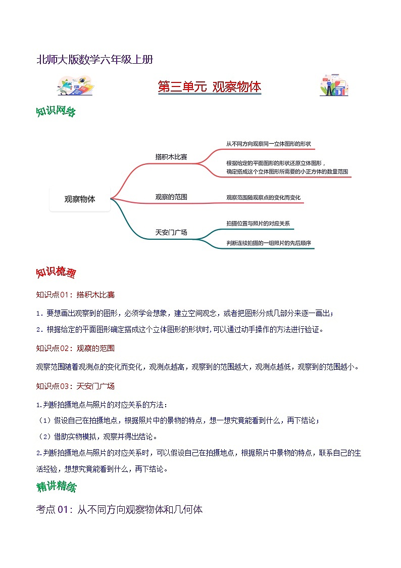 北师大数学六年级上册 第3单元《观察物体》单元热点难点讲义（教师版+学生版）01
