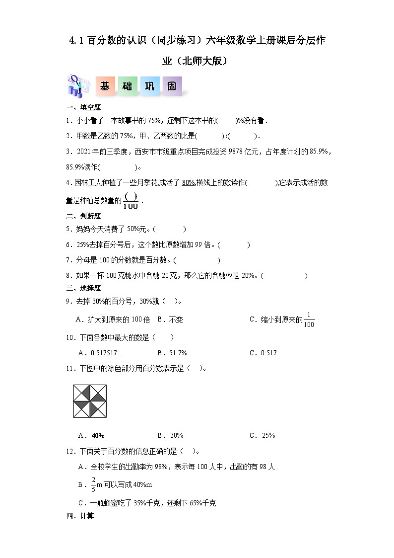 北师大版数学六年级上册 4.1《百分数的认识同步分层练习01