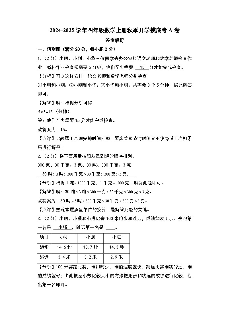 2024-2025学年四年级数学上册秋季开学摸底考A卷（答案解析）（北京版）第1页