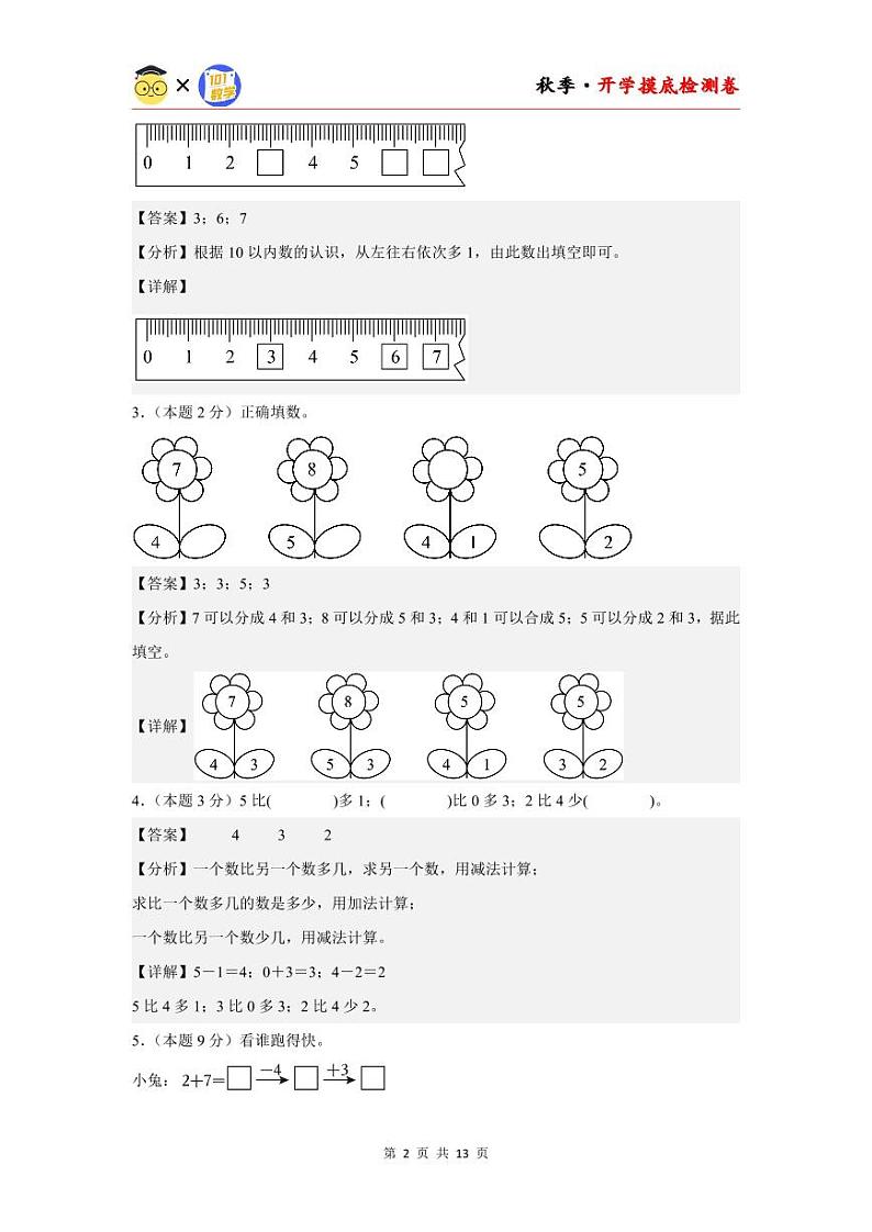 【开学考】2024年一年级数学上册秋季开学摸底检测卷【A卷】沪教版.zip02