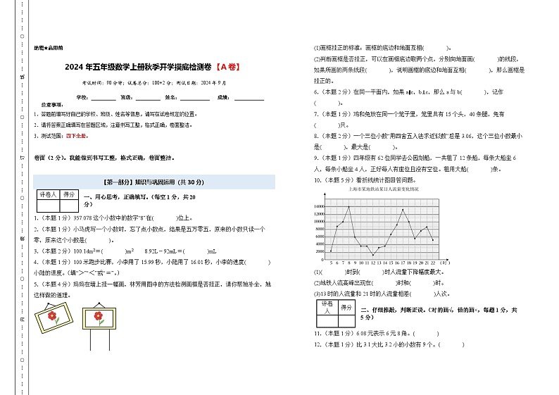 【开学考】2024年五年级数学上册秋季开学摸底检测卷【A卷】沪教版.zip01