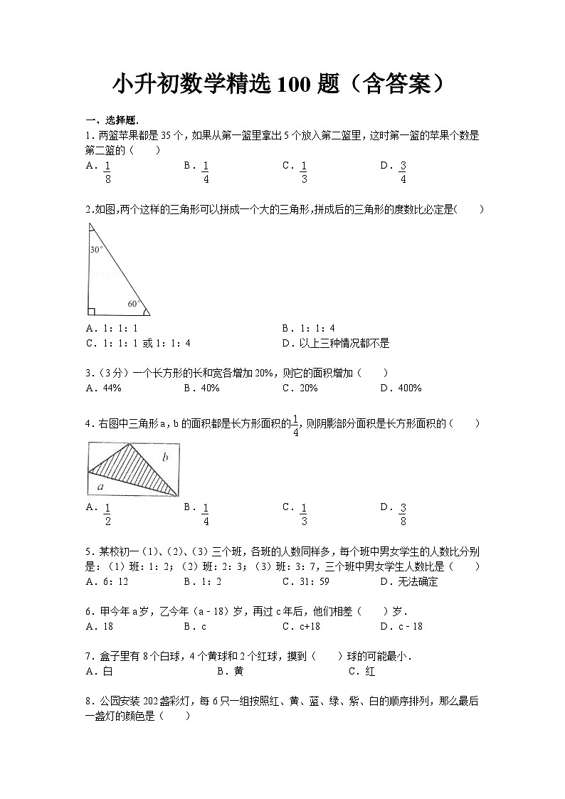 人教版小升初数学精选100题（含答案）第1页