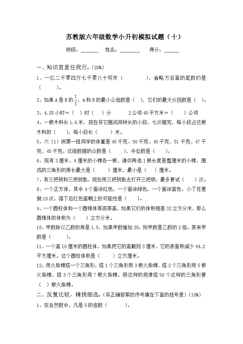 苏教版六年级数学小升初模拟试题（十）含答案第1页