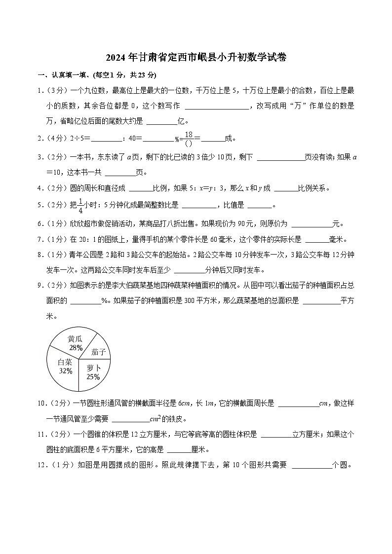 甘肃省定西市岷县2023-2024学年六年级下学期期末小升初数学试卷第1页