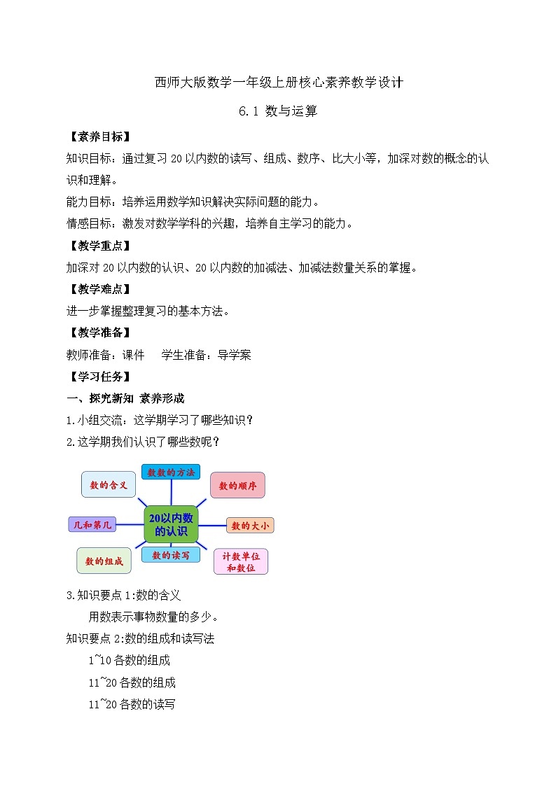 【核心素养】2024西师大版数学一年级上册-6.1 数与运算（课件+教案+习题）01
