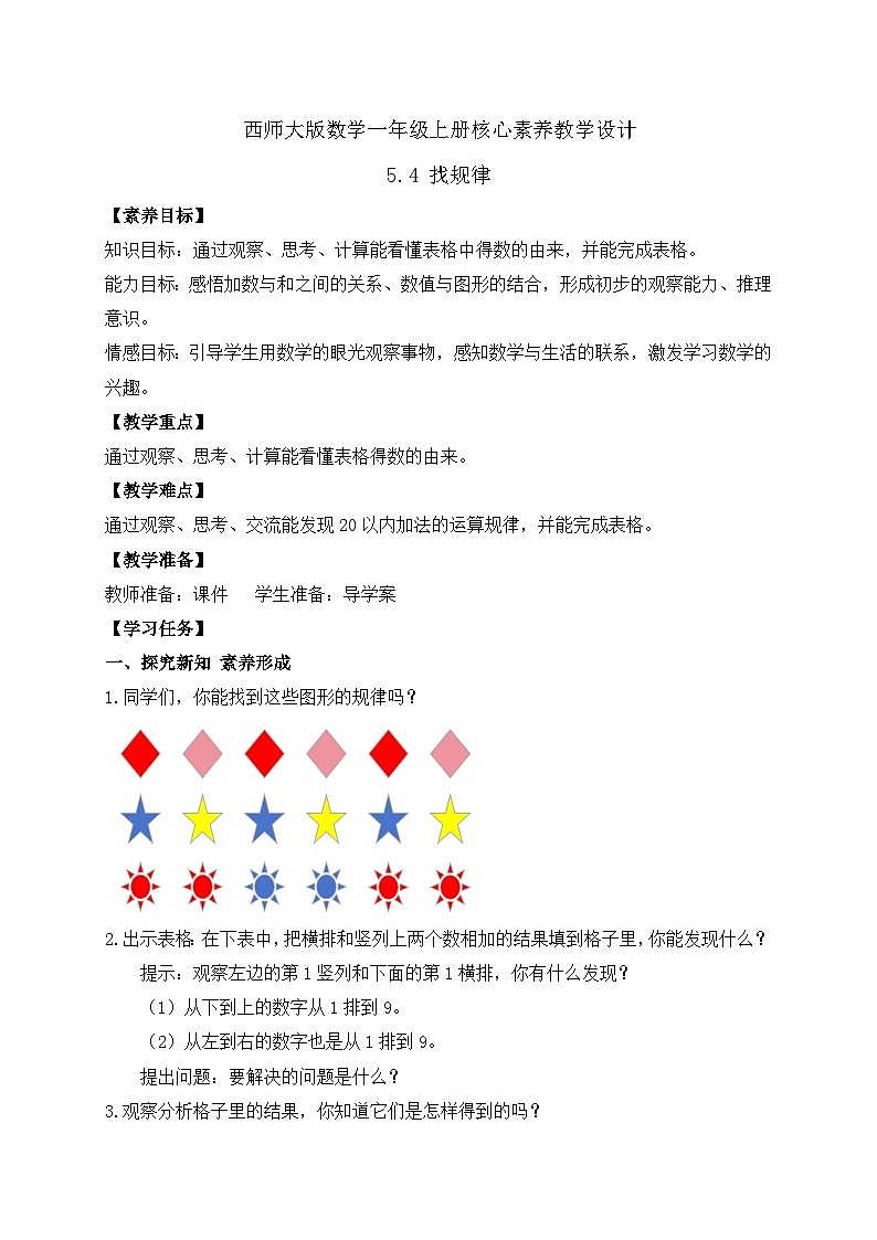 【核心素养】2024西师大版数学一年级上册-5.4 找规律（课件+教案+习题）01