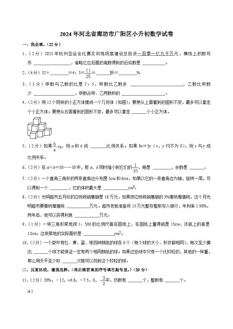 2024年河北省廊坊市广阳区小升初数学试卷第1页
