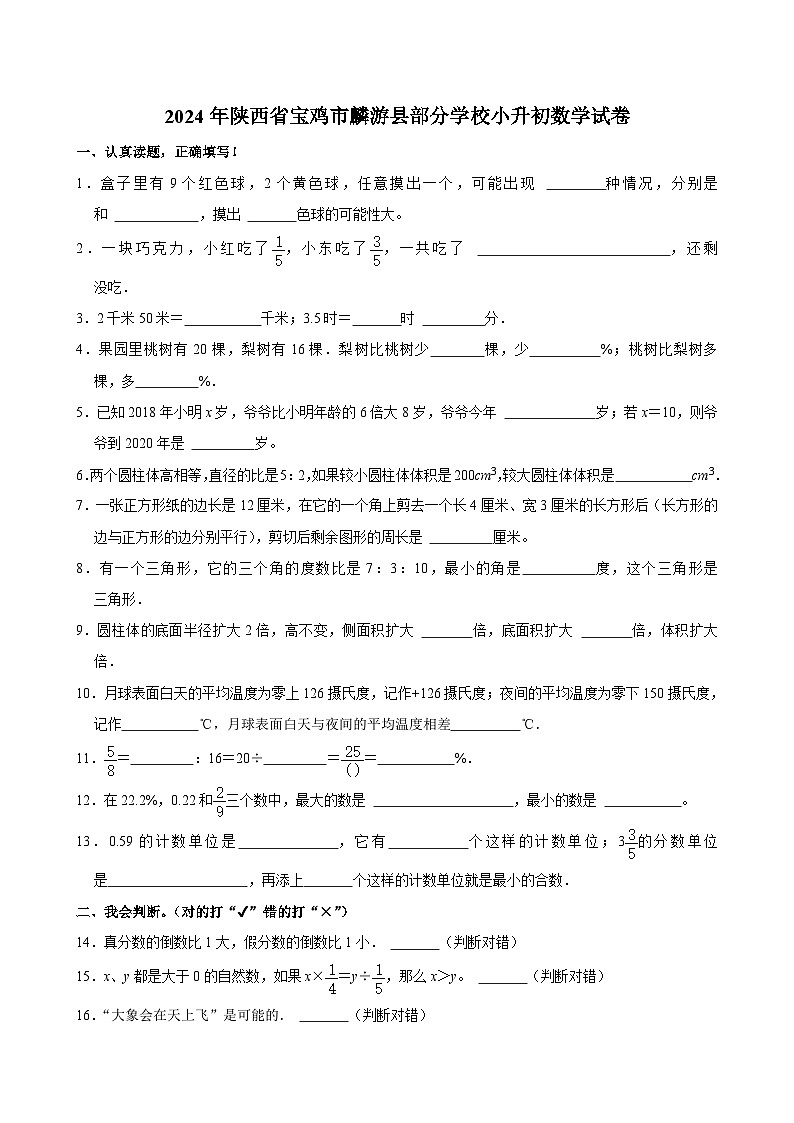2024年陕西省宝鸡市麟游县部分学校小升初数学试卷01