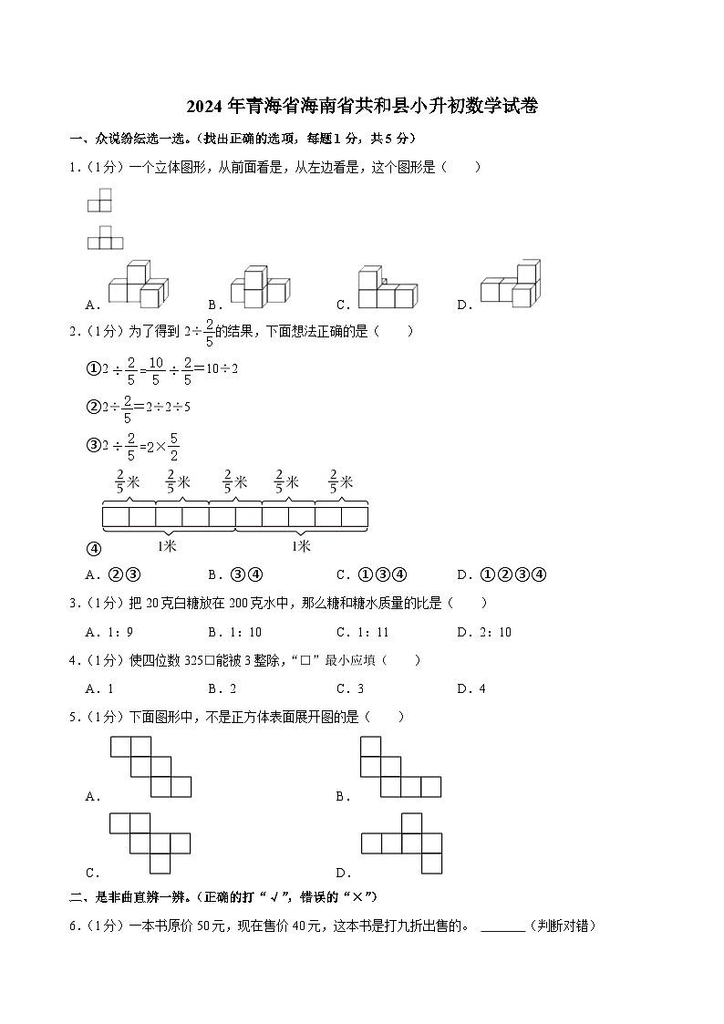 2024年青海省海南省共和县小升初数学试卷第1页