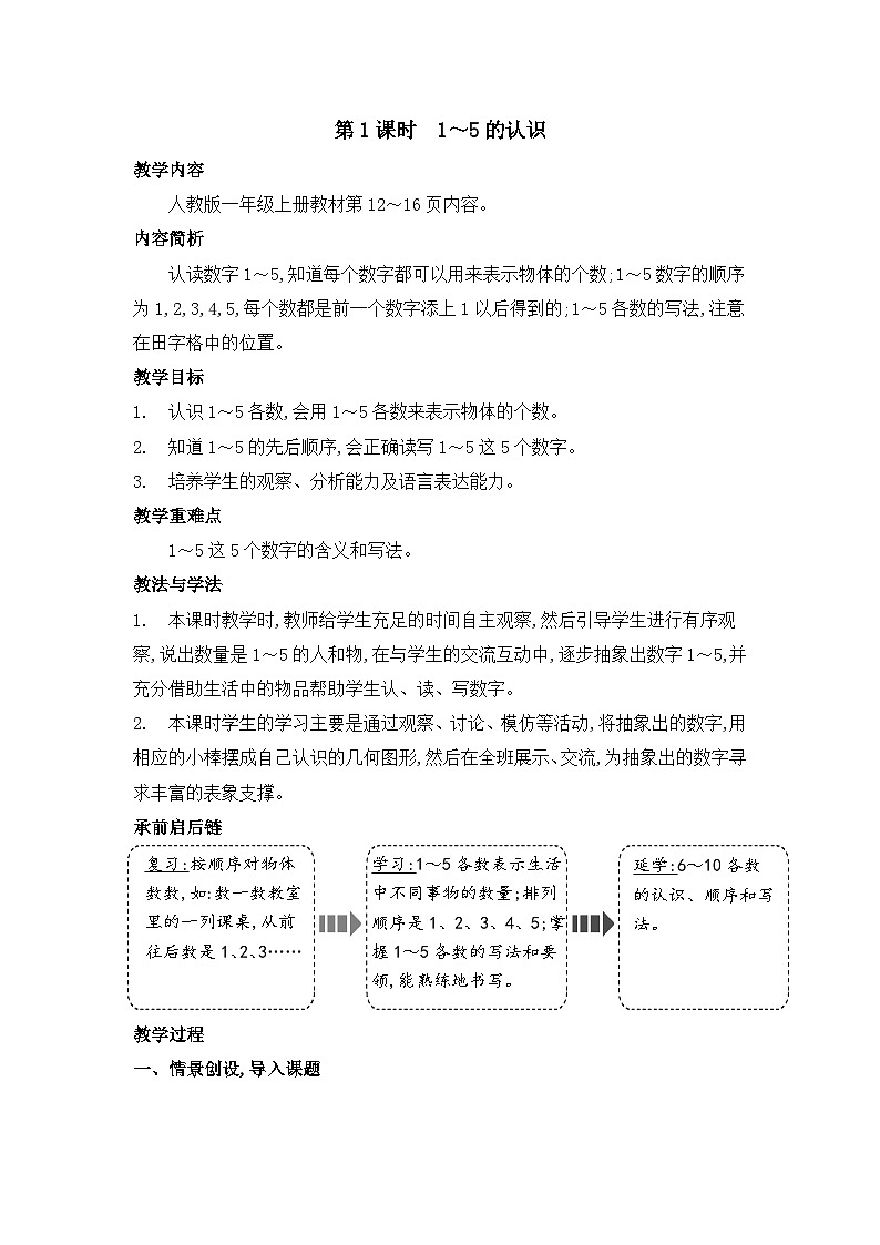 人教2024版数学一年级上册 第一单元 第1课时1~5的认识 【PPT课件+教案】01