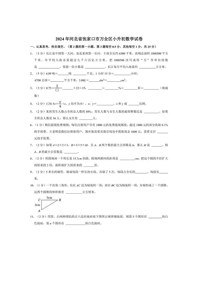 [数学]2024年河北省张家口市万全区小升初真题数学试卷(有答案)第1页