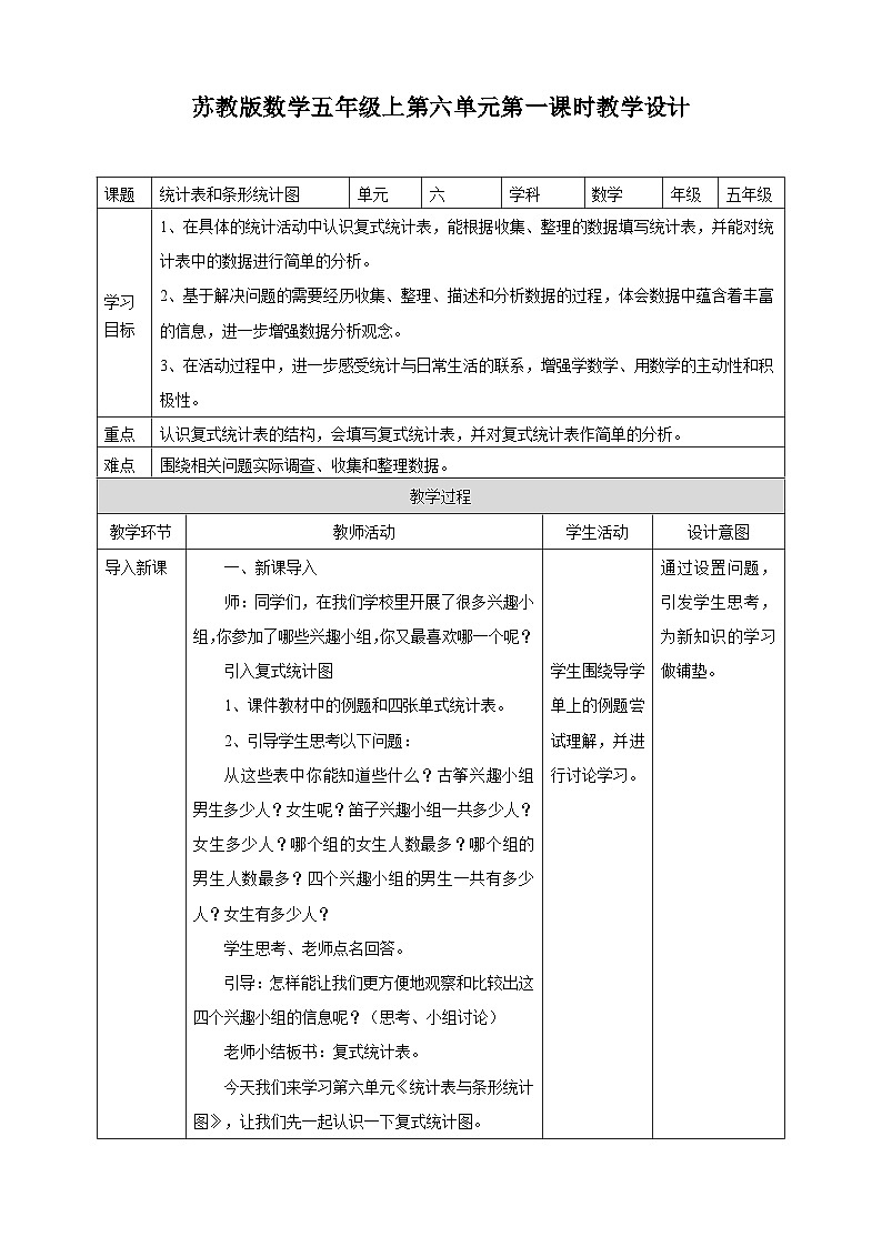 6.1《统计表和条形统计图》 第一课时苏教版小学数学五年级上册教学设计01