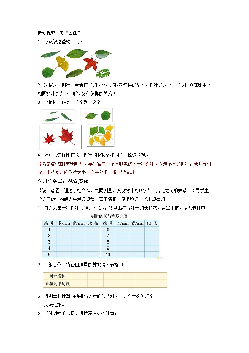 苏教版六年级数学上册 第三单元 第9课时 《树叶中的比》教案第2页