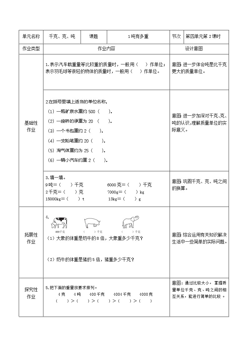 四、千克、克、吨（单元作业设计）-2023-2024学年三年级下册数学北师大版第2页