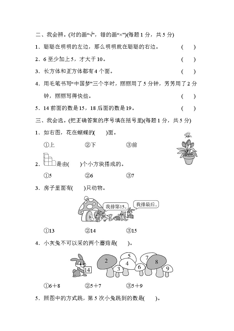 小学数学一年级上 -人教版（2024）模块过关(4)  常考、易错题能力冲刺检测卷02